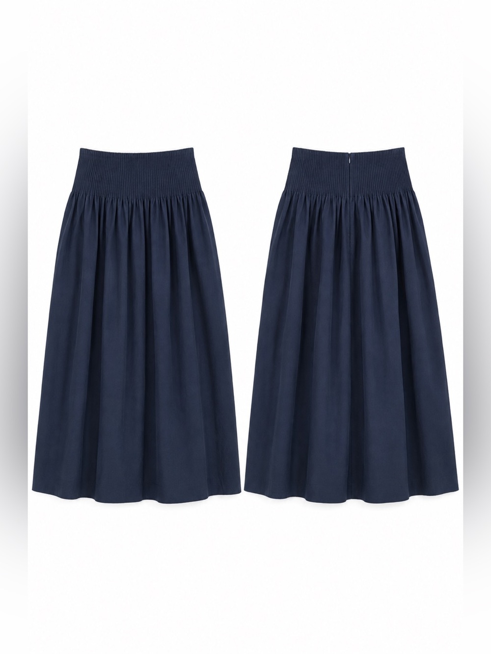 Onia Navy Blue 100% Cotton Smocked Waist A-Line Midi Skirt Size 6 Pockets - Picture 2 of 6